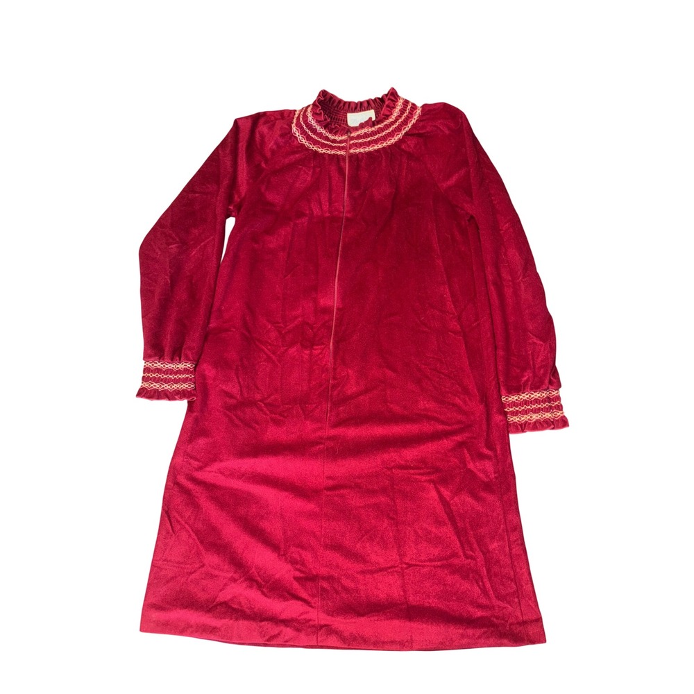 Delia Vintage Loungewear Robe Small Red Velour Smocked Embroidered Kaftan Dress